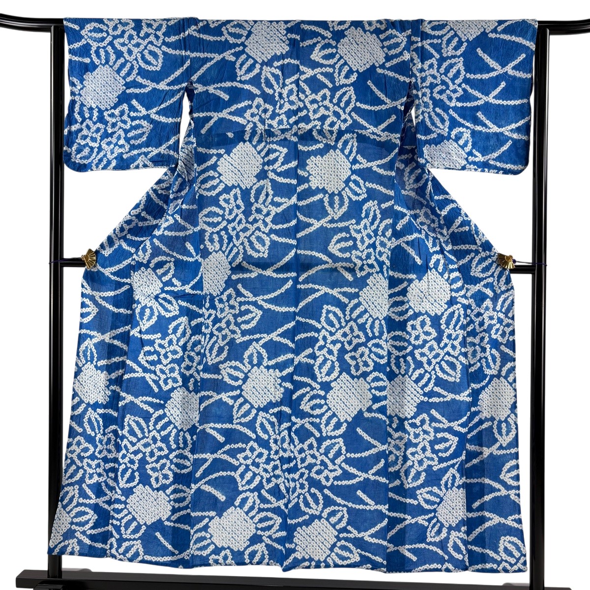 浴衣 身丈153.5cm 裄丈64cm M 絞り浴衣 草花 青 綿 名品 【中古】