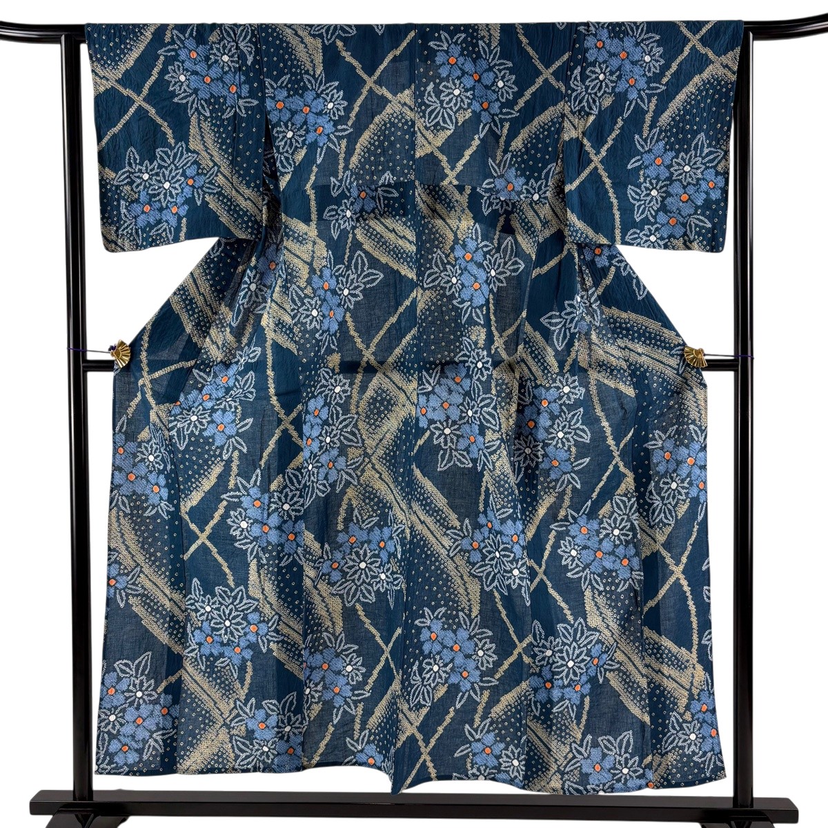 浴衣 身丈153cm 裄丈63cm S 絞り浴衣 草花 幾何学 青緑 綿 名品 【中古】