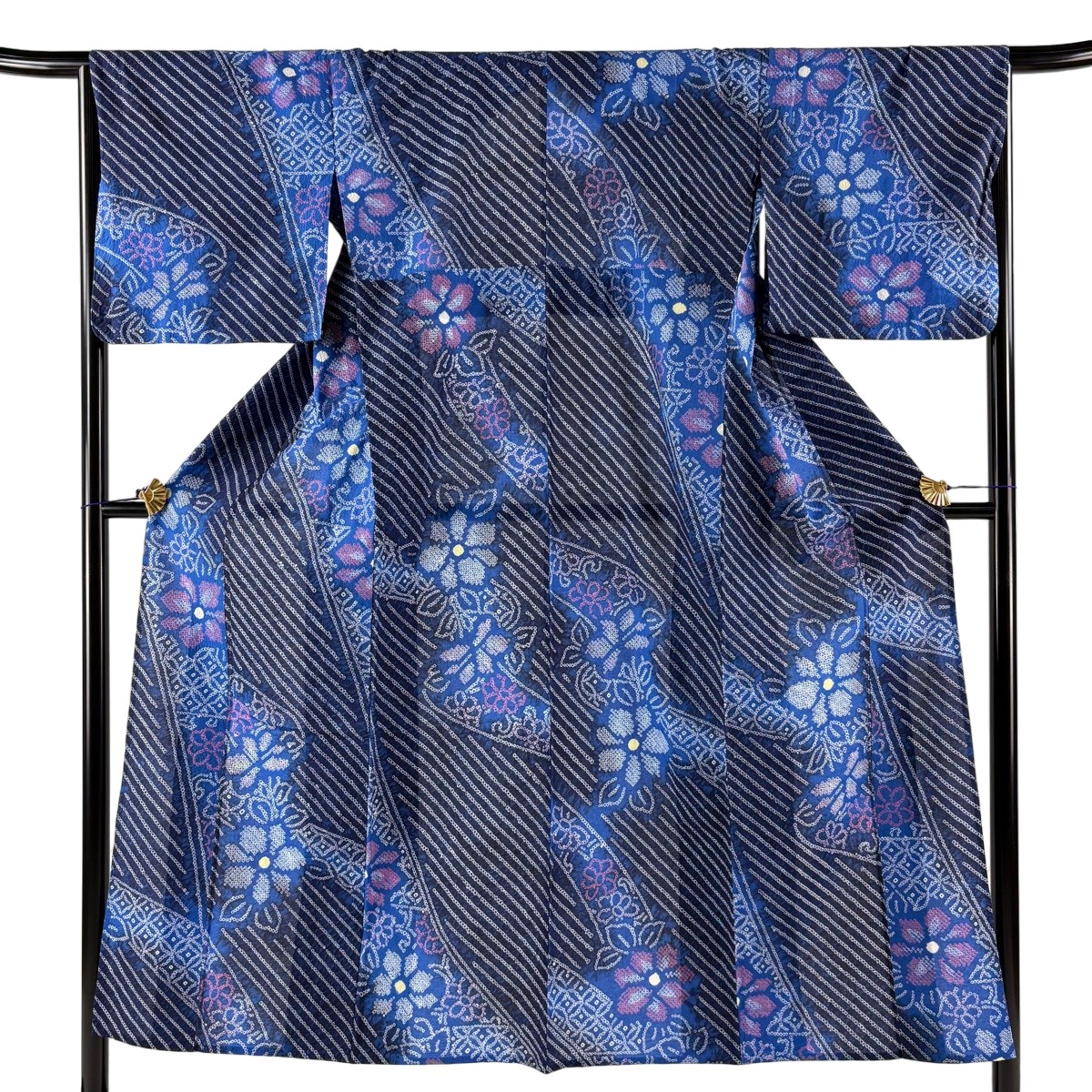 【美品】 浴衣 身丈150cm 裄丈66.5cm M 草花 斜縞 紺色 綿 名品 【中古】