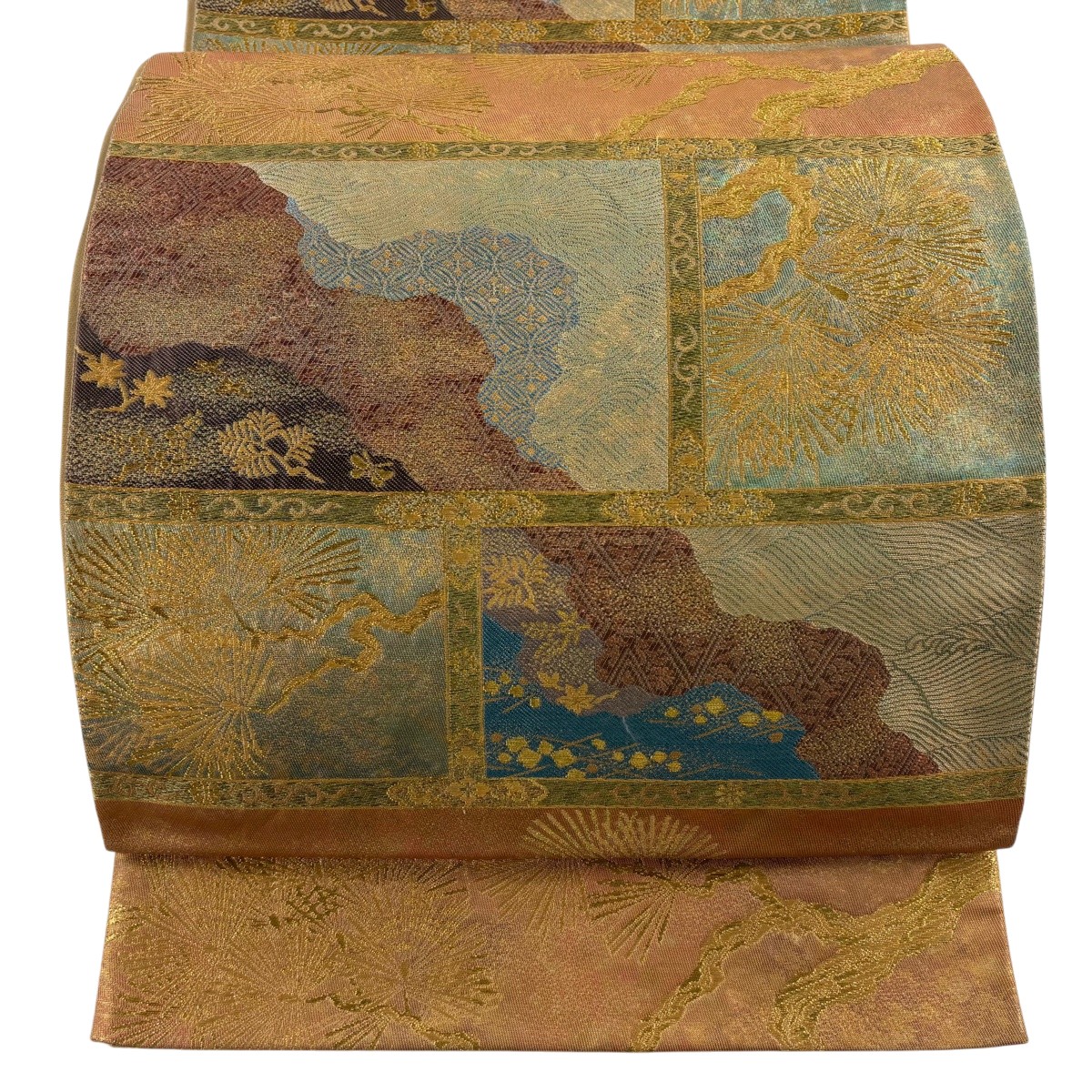【美品】 袋帯 珠玉 書き判あり 北尾布切れ 歌仙松韻文 松 違い棚 金茶 六通 正絹 【中古】