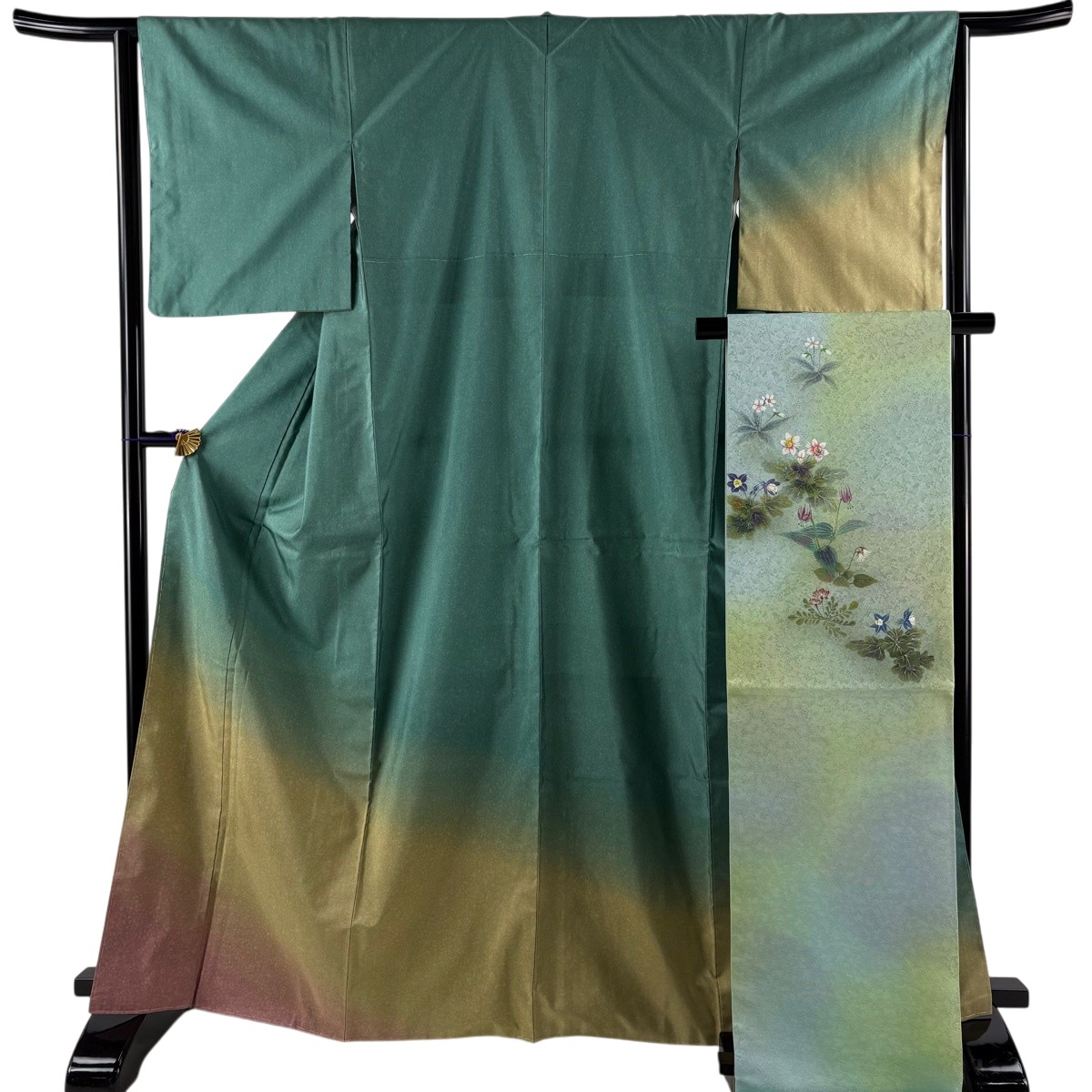 【美品】 付下げ 身たけ165糎 裄丈63.5糎 S 袷 袋帯仕掛ける 紬地 ぼかし 緑 正絹 秀品 【中古】