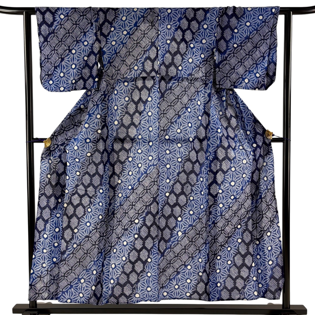 【美品】 浴衣 身丈152.5cm 裄丈60.5cm S 絞り浴衣 麻の葉 青 綿 名品 【中古】