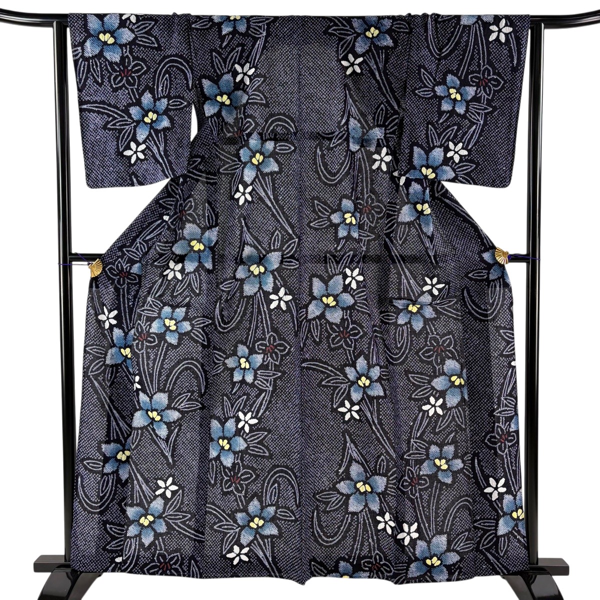 【美品】 浴衣 身丈160cm 裄丈62.5cm S 絞り浴衣 草花 濃紺 綿 名品 【中古】