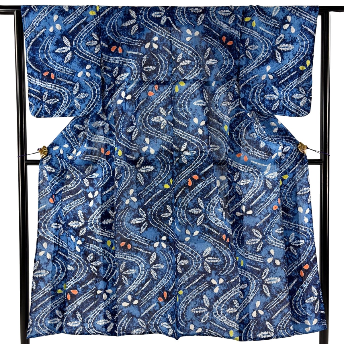 浴衣 身丈146cm 裄丈62cm S 絞り浴衣 葉 流水 青 綿 名品 【中古】