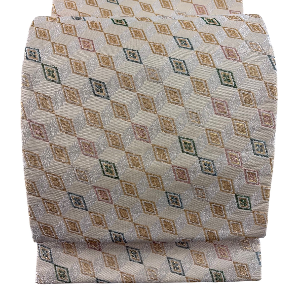 袋帯 名曲 花菱 菊菱 現ナマ糸 ベージュ 六通 正絹 【中古】 帯-和服