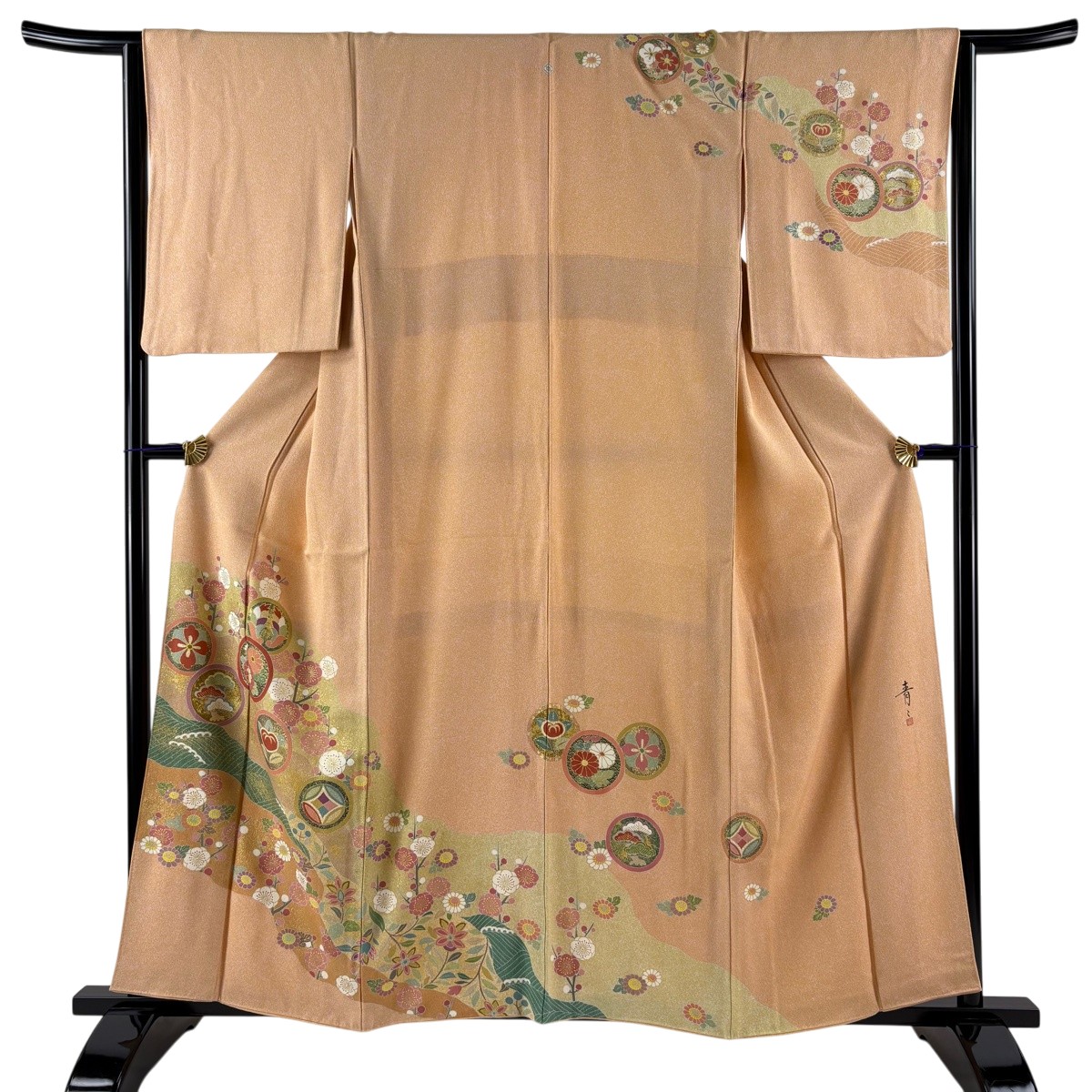 訪問着 身丈158cm 裄丈65cm M 袷 松井青々 落款あり 枝梅 菊 金彩 薄オレンジ 正絹 逸品 一つ紋 【中古】