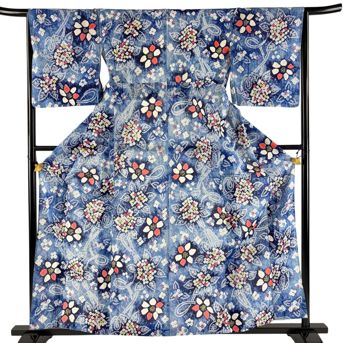 浴衣 身丈160.5cm 裄丈66cm M 絞り浴衣 草花 青灰色 綿 名品 【中古】