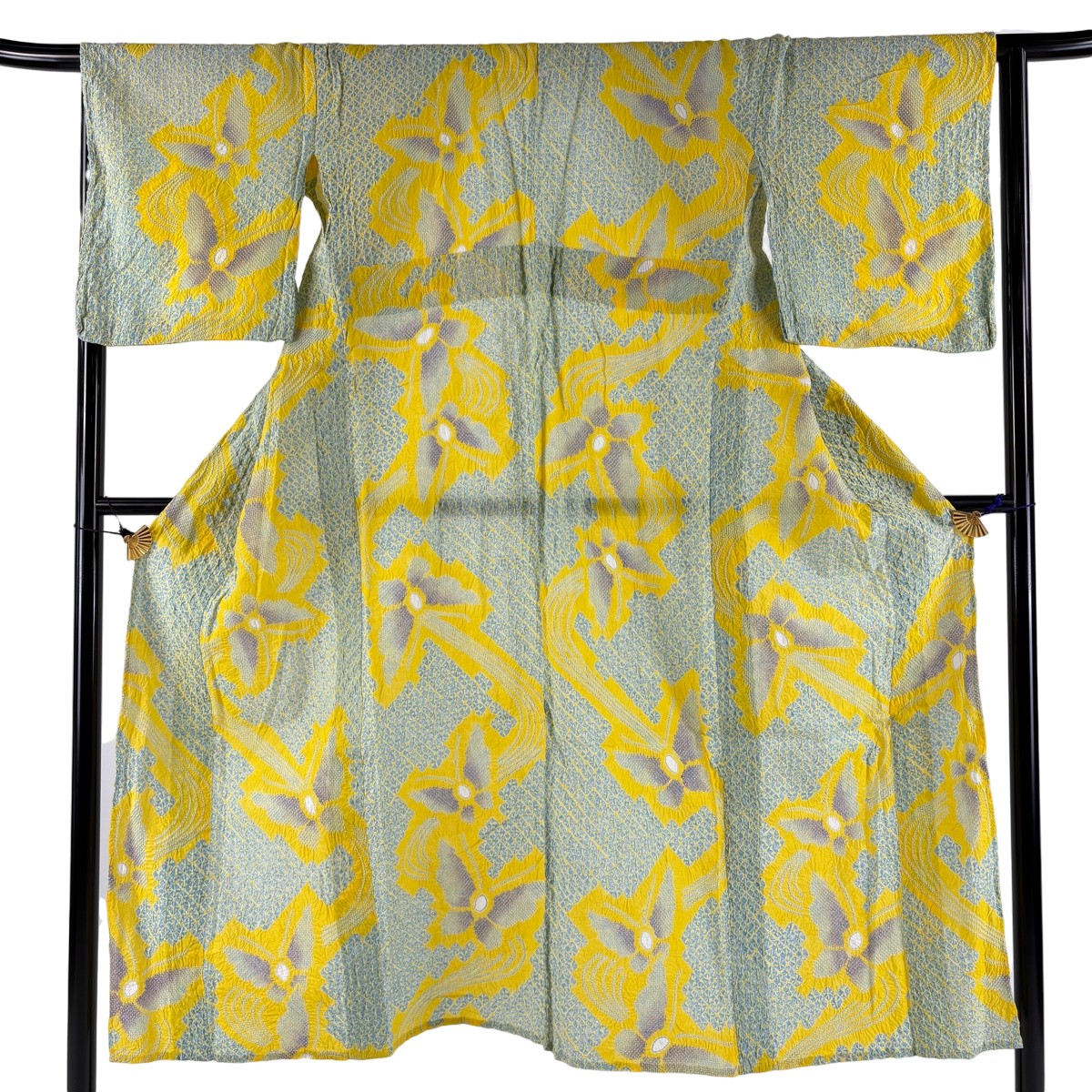 【美品】 浴衣 身丈147cm 裄丈63.5cm S 絞り浴衣 蝶 幾何学 黄色 綿 名品 【中古】