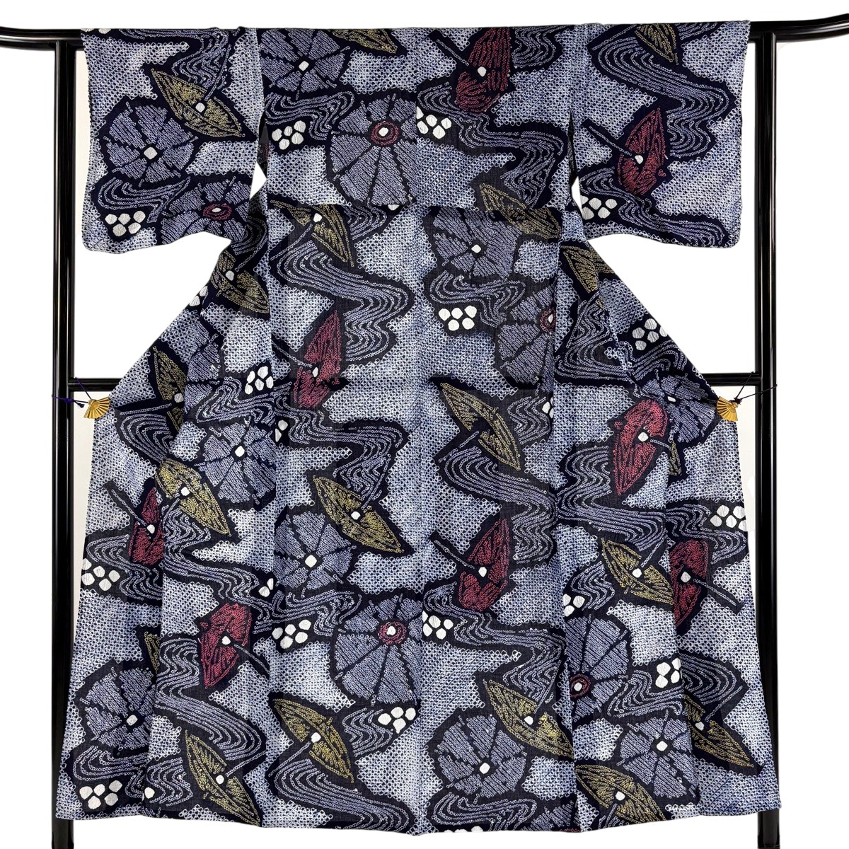 【美品】 浴衣 身丈153cm 裄丈61cm S 絞り浴衣 番傘 流水 紺色 綿 名品 【中古】