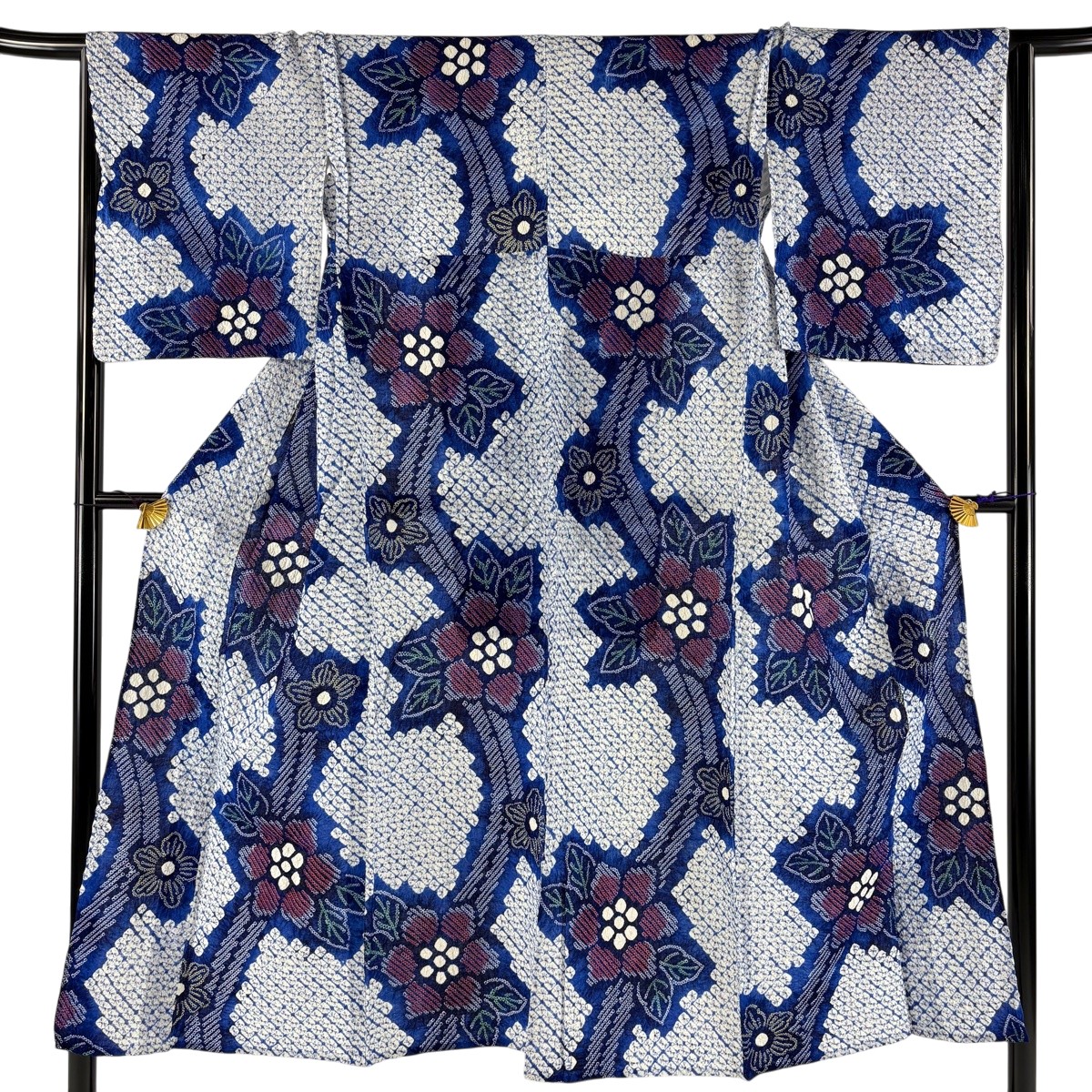 浴衣 身丈147cm 裄丈65cm M 絞り浴衣 草花 青 綿 名品 【中古】