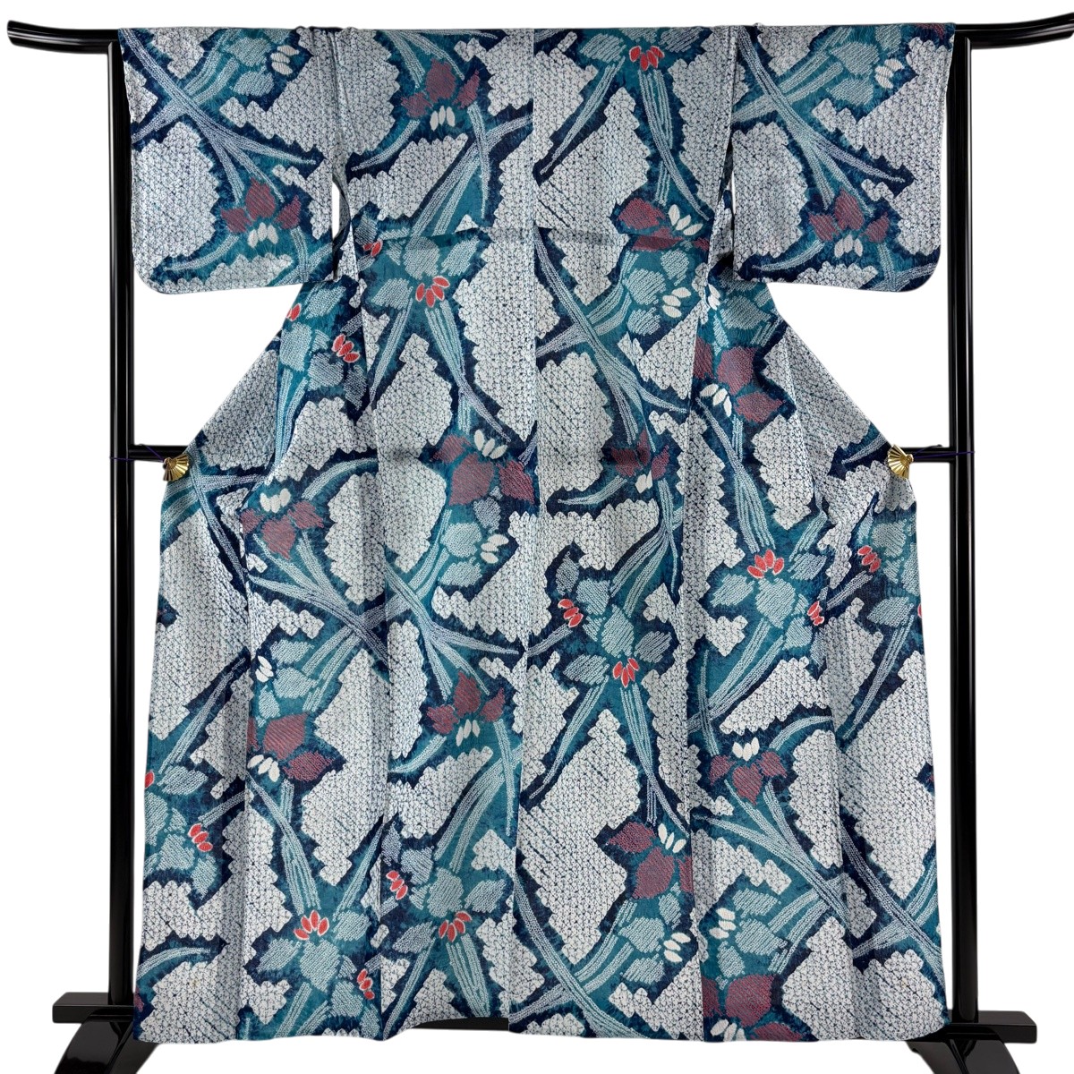 浴衣 身丈158.5cm 裄丈64cm M 絞り浴衣 菖蒲 青緑 綿 名品 【中古】