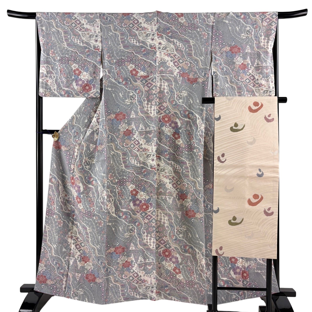 【美品】 小紋 身たけ162.5糎 裄丈66.5糎 M 袷 名古屋帯仕掛ける 被子植物 道長取 薄墨色 正絹 秀品 【中古】