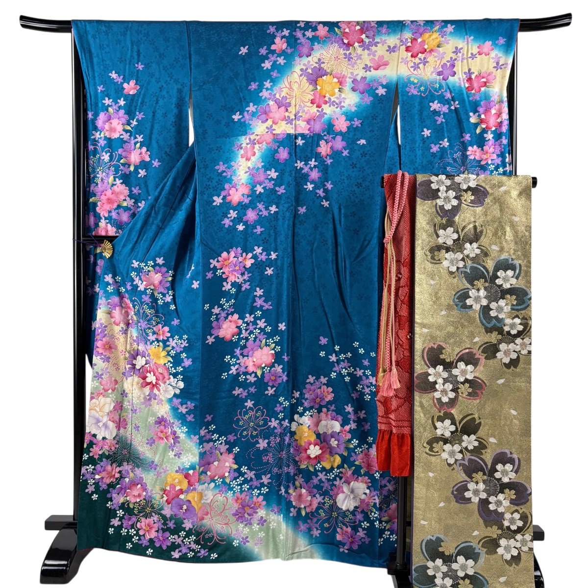 振袖 身たけ166.5糎 裄丈67糎 M 袷 袋帯フルセット 被子植物 桜 箔 金彩 青緑 正絹 秀品 【中古】