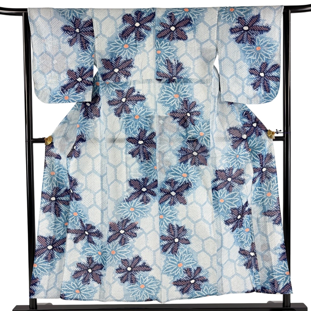 浴衣 身丈154.5cm 裄丈64.5cm M 絞り浴衣 花 亀甲 水色 綿 名品 【中古】