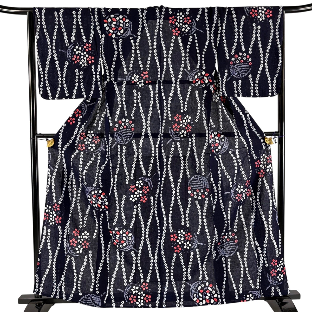 【美品】 浴衣 身丈162cm 裄丈67cm M 絞り浴衣 団扇 花 濃紺 綿 名品 【中古】