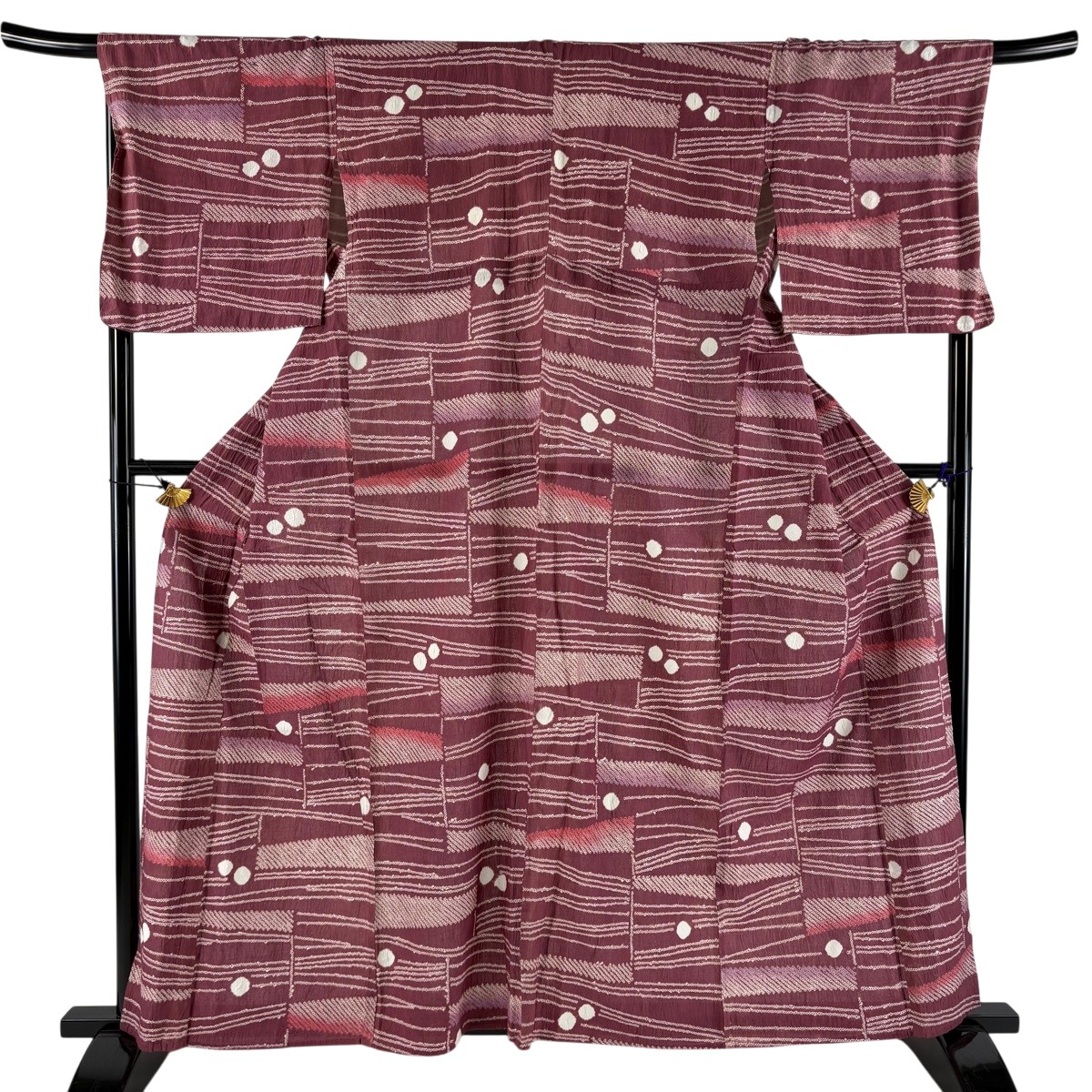 浴衣 身丈159cm 裄丈69.5cm L 絞り浴衣 幾何学模様 赤紫 綿 名品 【中古】