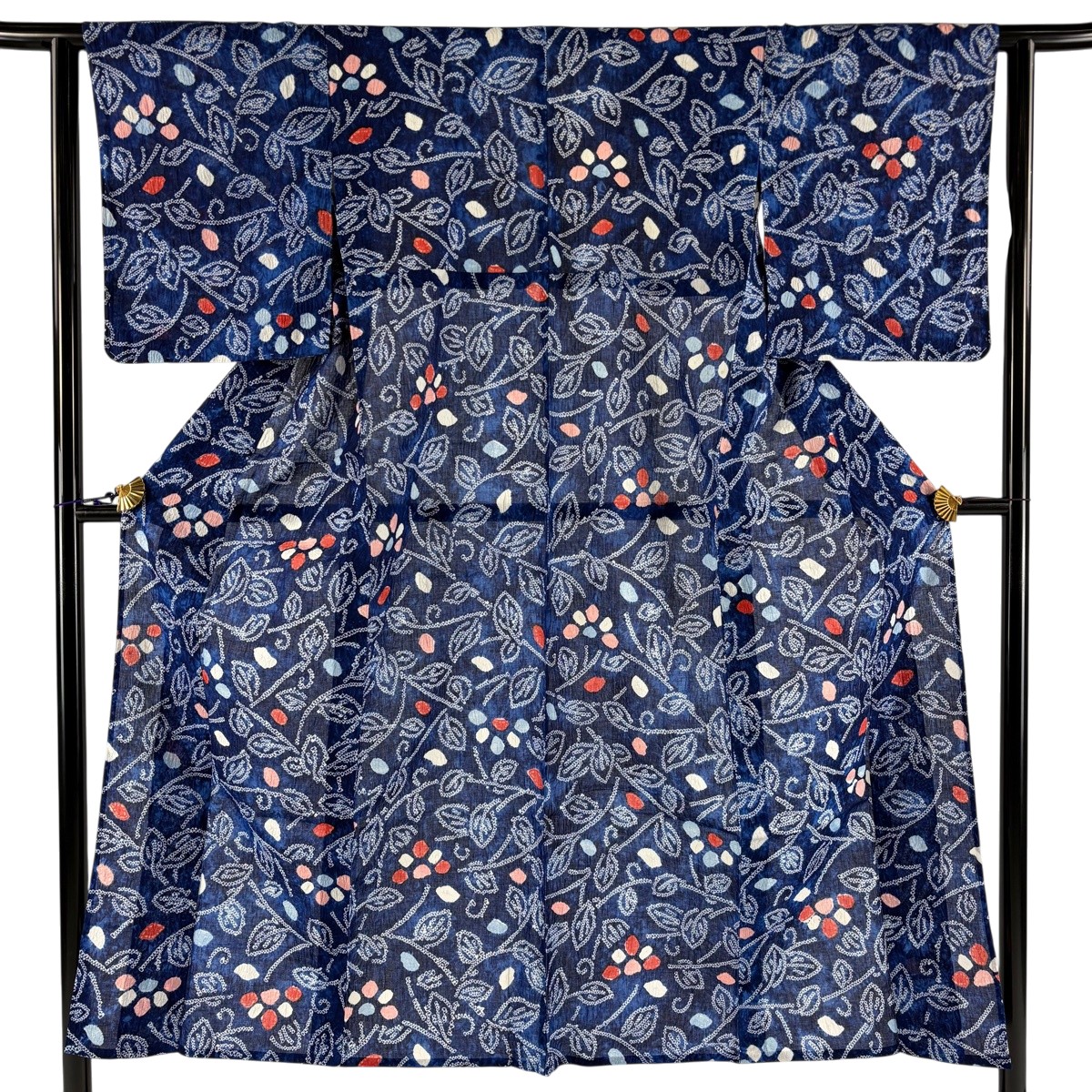 浴衣 身丈149.5cm 裄丈62.5cm S 絞り浴衣 草花 青 綿 名品 【中古】