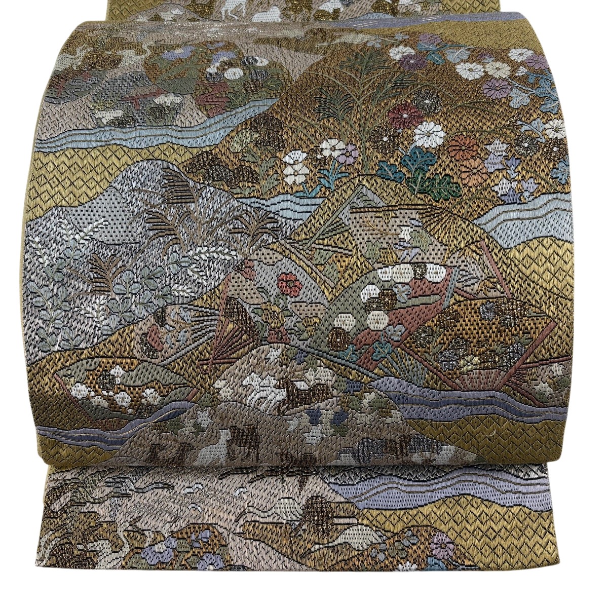 袋帯 珠玉 絽刺し 扇 顕花植物 現ナマ糸 箔 イエローオーカー色 全通 正絹 【中古】 msp30