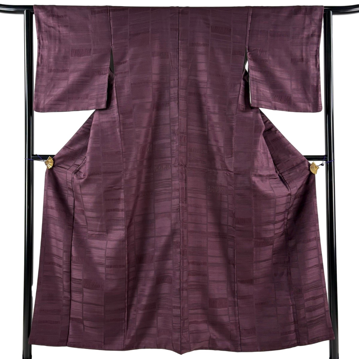【美品】 お召 身丈153cm 裄丈63cm S 袷 縞 幾何学模様 紫 正絹 逸品 【中古】