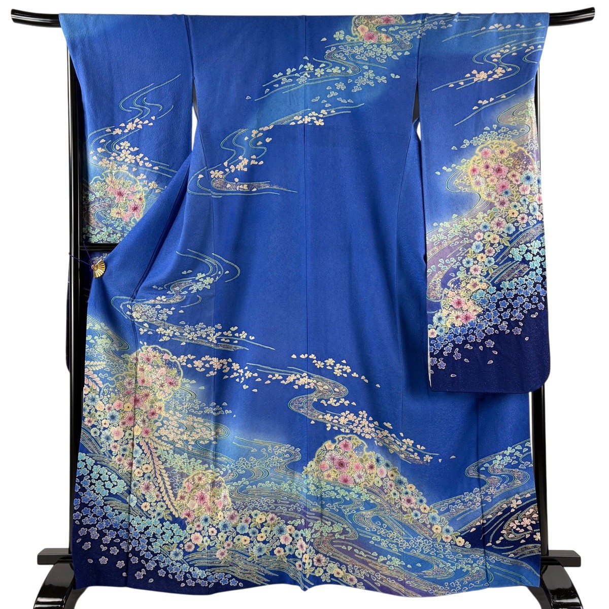振袖 身丈167cm 裄丈70.5cm L 袷 辻が花 雪輪 金通し 金彩 青 正絹 逸品 【中古】