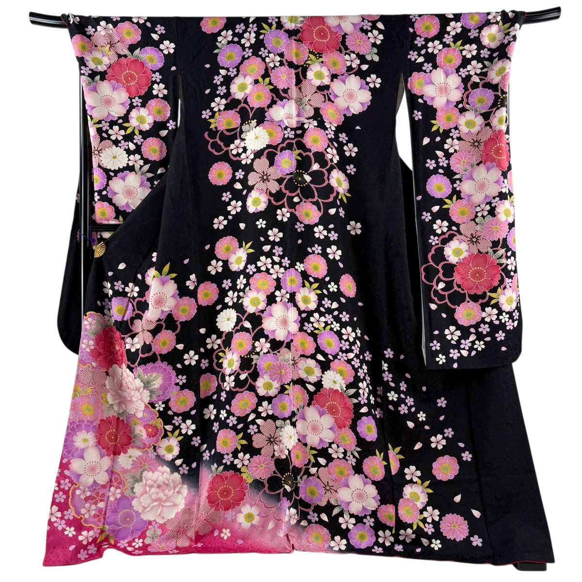 振袖 身丈174cm 裄丈75cm L 袷 牡丹 桜 銀通し 金彩 黒 正絹 逸品 【中古】