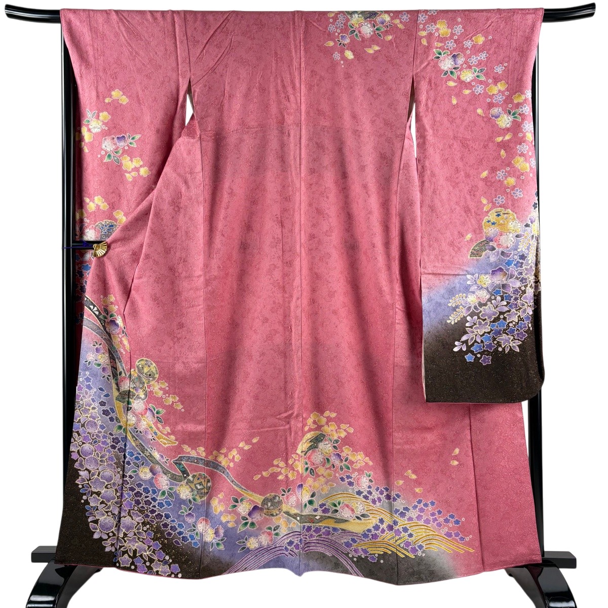 振袖 身丈162cm 裄丈69cm L 袷 手鞠 辻が花柄 金通し 金彩 ピンク 正絹 逸品 【中古】