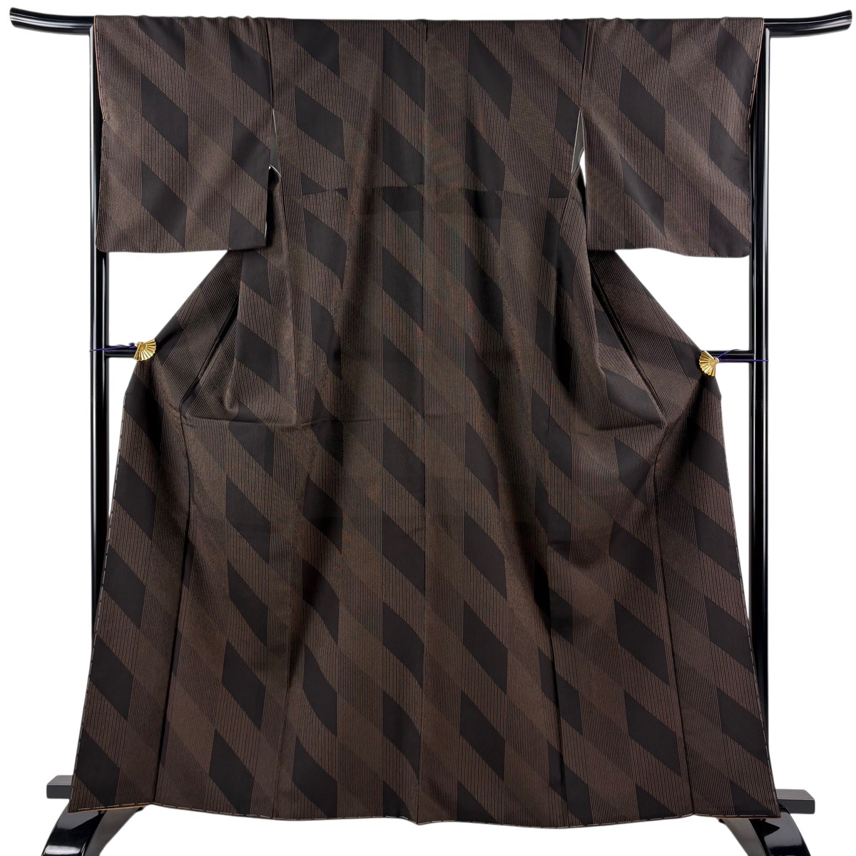 【美品】 紬 身丈163cm 裄丈65cm M 袷 本しぼ絣 証紙あり 幾何学 縞 焦茶色 正絹 逸品 【中古】