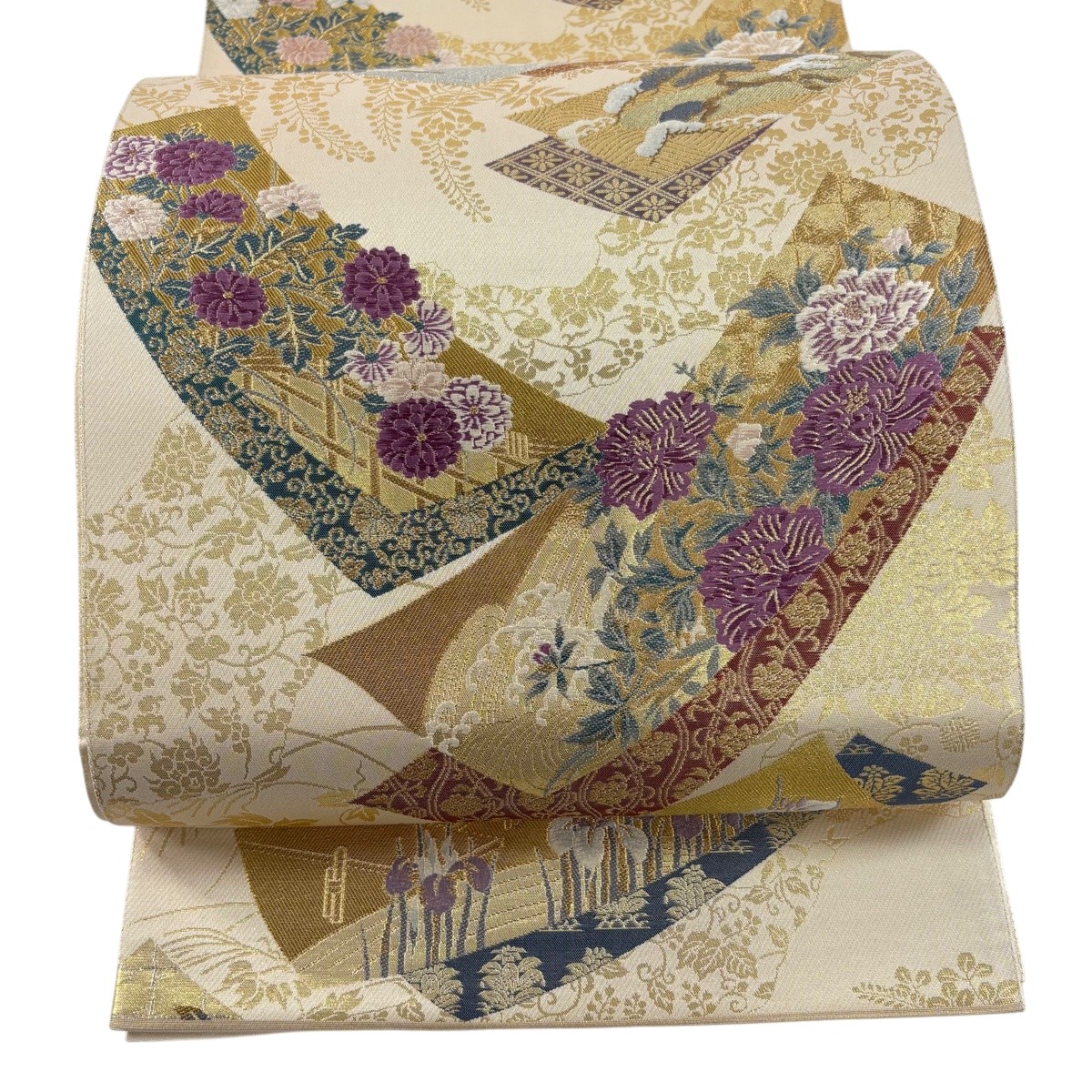 【美品】 袋帯 珠玉 じゅらく 名書きあり 天津御姉紫 顕花植物 短冊 金糸 箔 皮膚軟化剤 六通 正絹 【中古】
