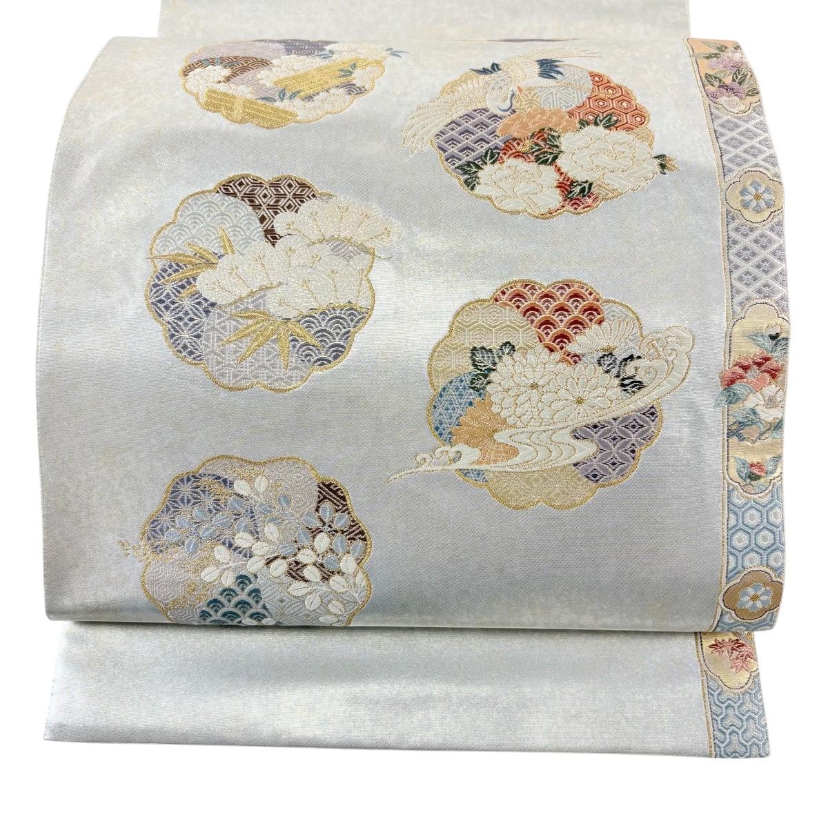 【美品】 袋帯 珠玉 長嶋成布切れ 書き判あり 証紙あり 瀞銀錦 秀華瑞鳥 金糸 箔 しろがね色 お太鼓柄 正絹 【中古】