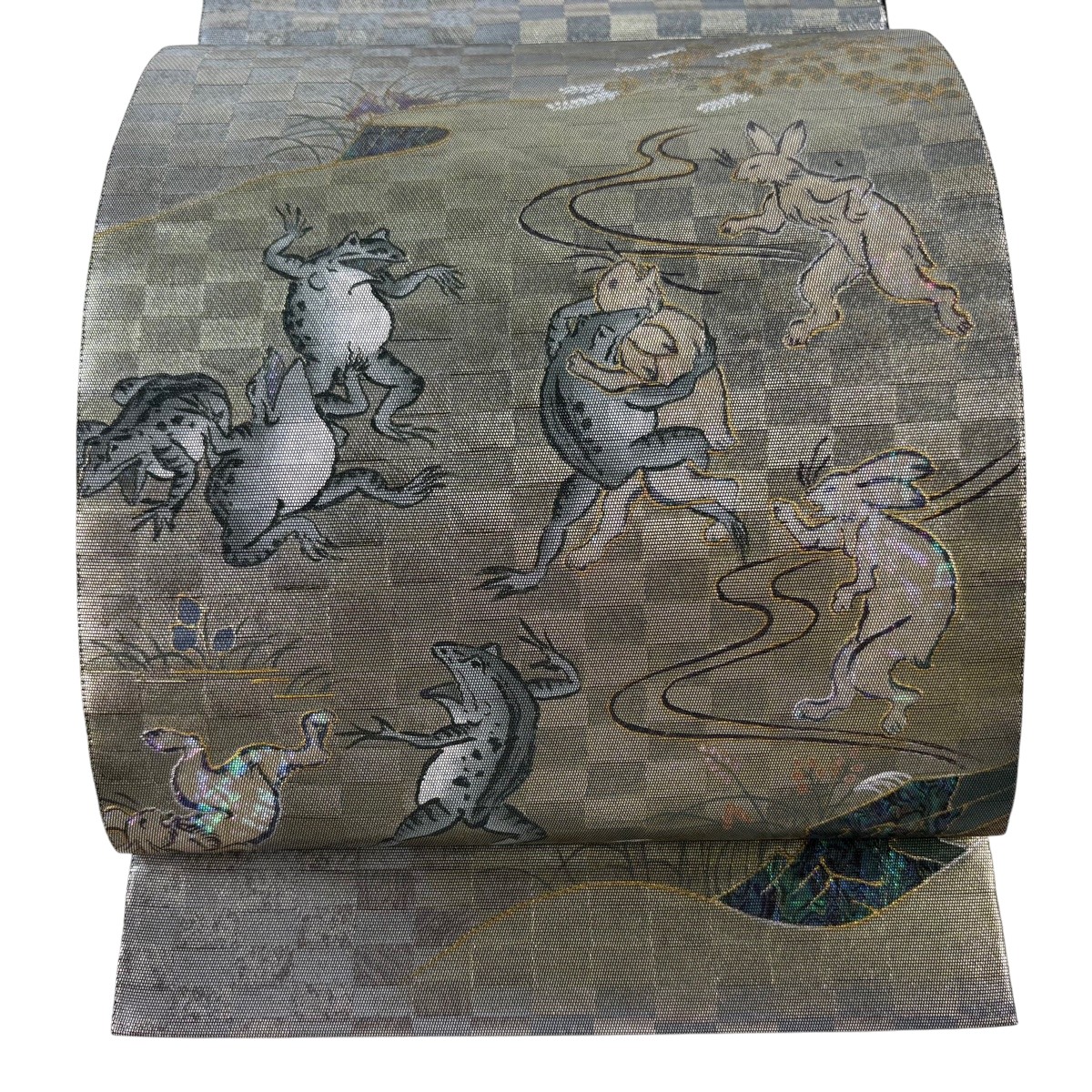 【美品】 袋帯 珠玉 名書きあり 毛の荒物ポンチ絵 変わり市松 箔 しろがね色 お太鼓柄 正絹 【中古】 msp30