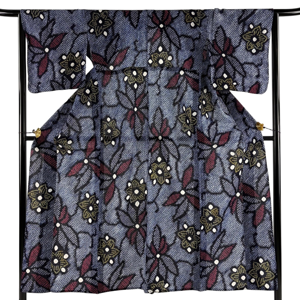 【美品】 浴衣 身丈149.5cm 裄丈65cm M 絞り浴衣 草花 濃紺 綿 名品 【中古】