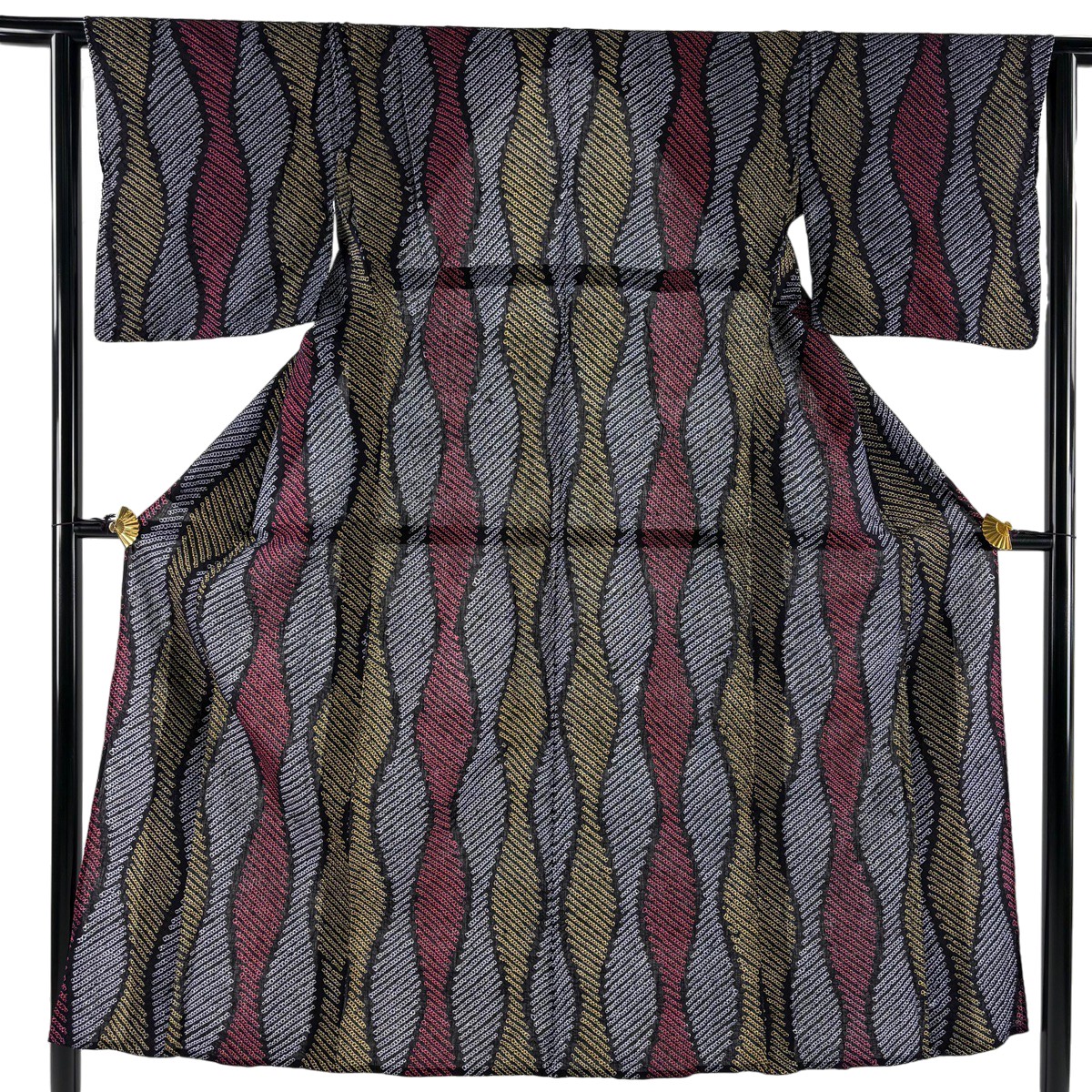 【美品】 浴衣 身丈141cm 裄丈62cm S 絞り浴衣 立涌 黒 綿 名品 【中古】