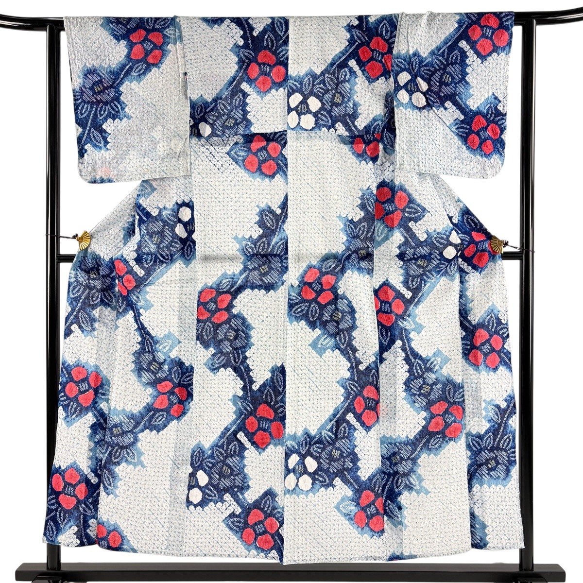 浴衣 身丈152cm 裄丈62cm S 絞り浴衣 草花 青 綿 名品 【中古】