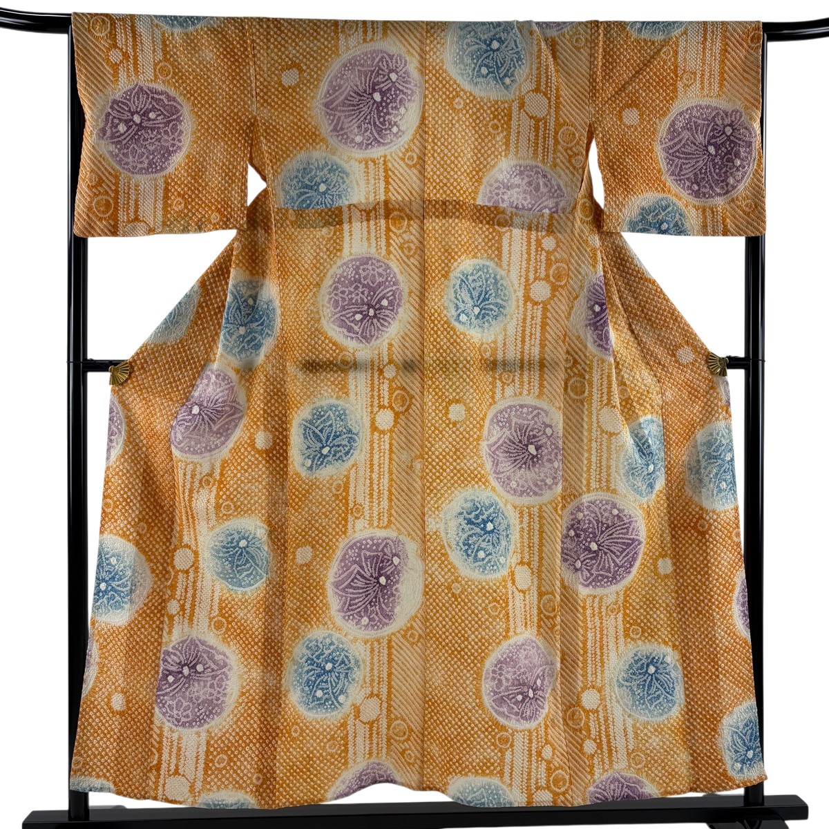 浴衣 身丈152cm 裄丈65.5cm M 絞り浴衣 花 蝶 オレンジ 綿 名品 【中古】