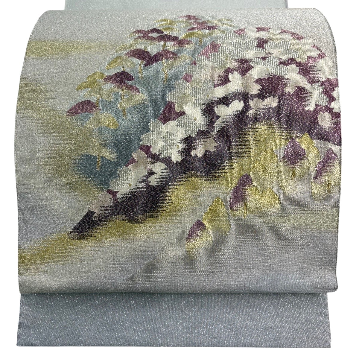 【美品】 袋帯 珠玉 天津御姉紫 書き判あり 桜 松 現ナマ糸 薄墨色 お太鼓柄 正絹 【中古】