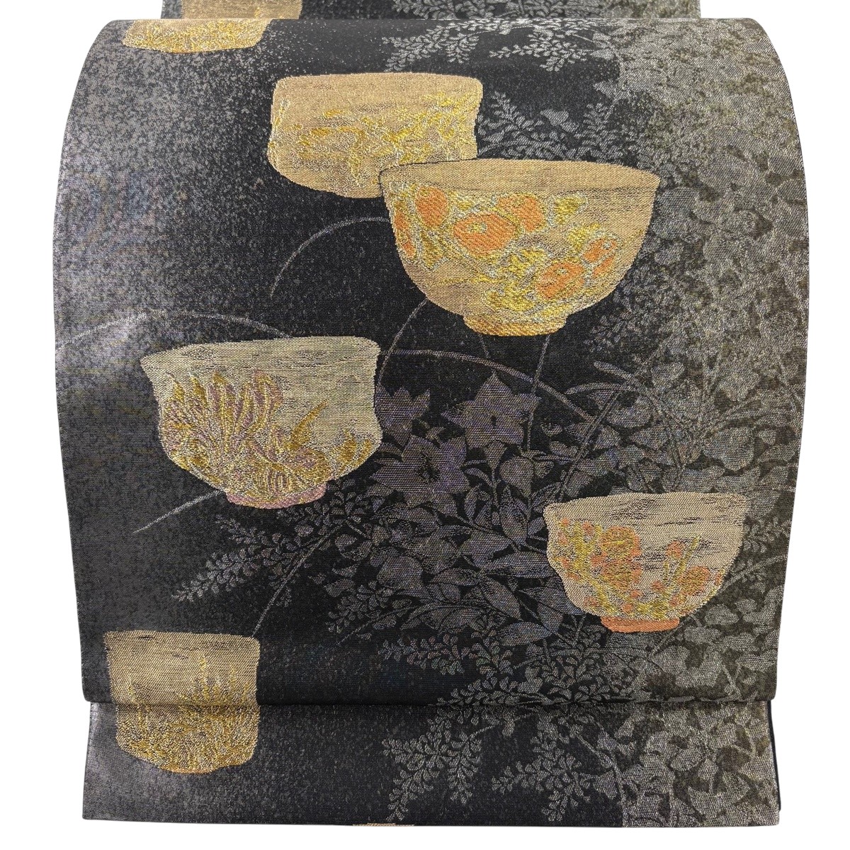 【美品】 袋帯 珠玉 じゅらく 名書きあり 茶碗 顕花植物 現ナマ糸 箔 黒 六通 正絹 【中古】