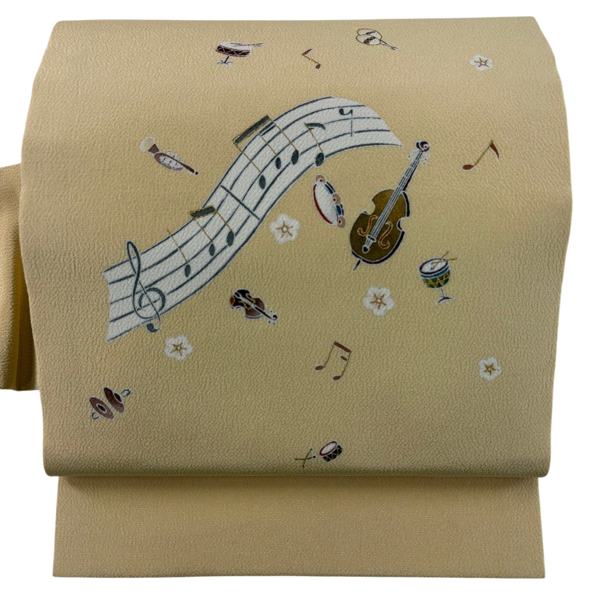 【美品】 名古屋帯 珠玉 インストゥルメント 音符 金彩 クレープ ベージュ 正絹 【中古】 msp30