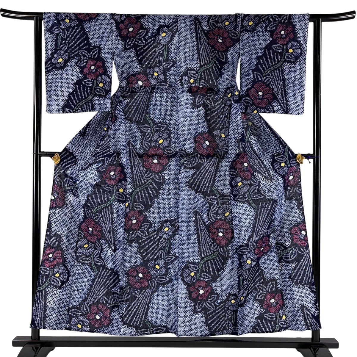 【美品】 浴衣 身丈154cm 裄丈61cm S 絞り浴衣 椿 紺色 綿 名品 【中古】