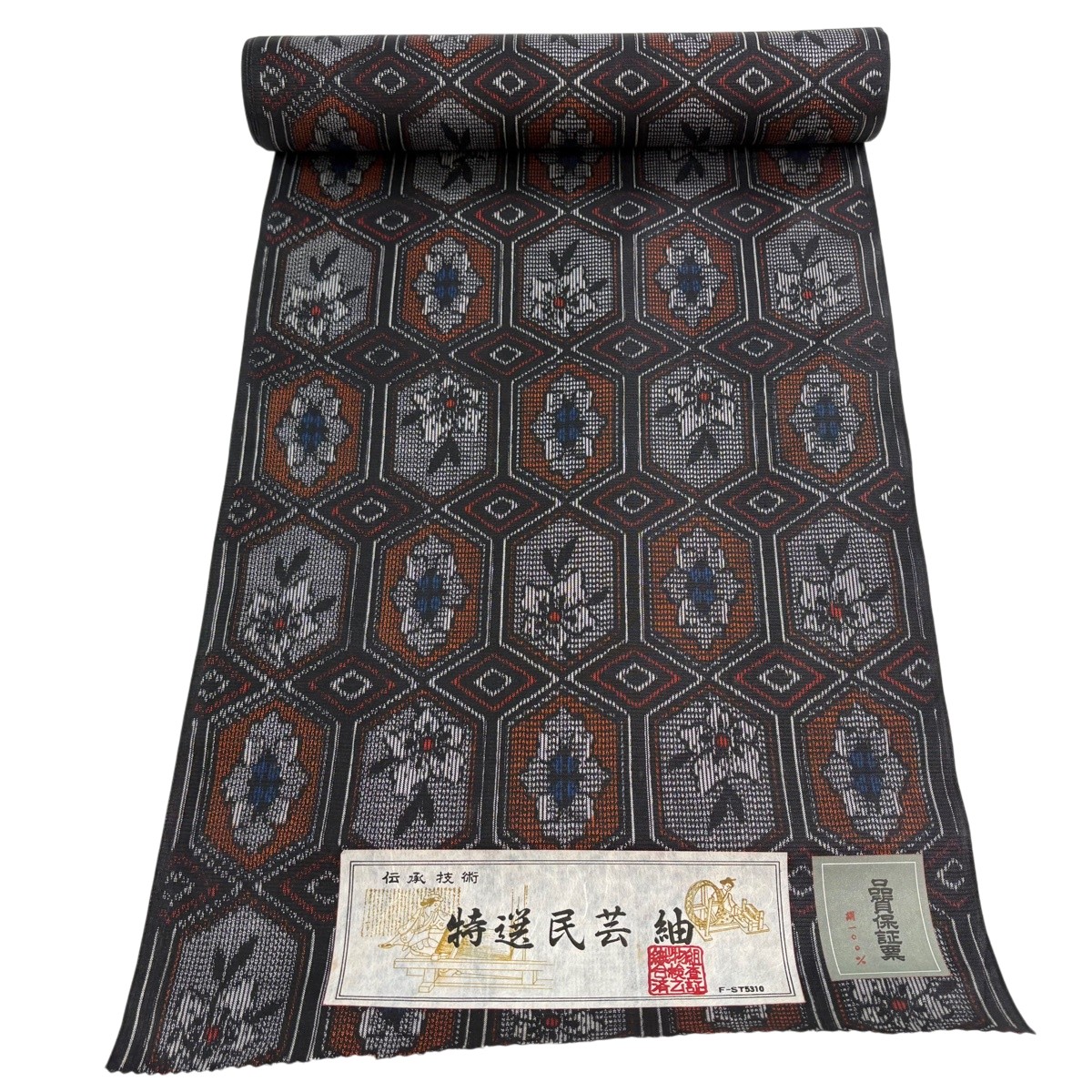 織り地 秀品 紬 亀甲 花柄 墨色 正絹 【中古】