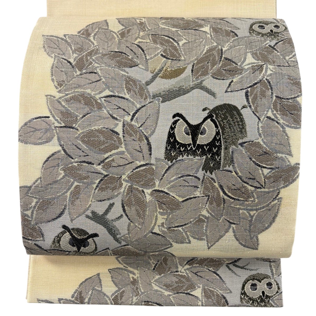 【美品】 袋帯 珠玉 ふくろう 葉柄 金通し 箔 ベージュ お太鼓柄 正絹 【中古】
