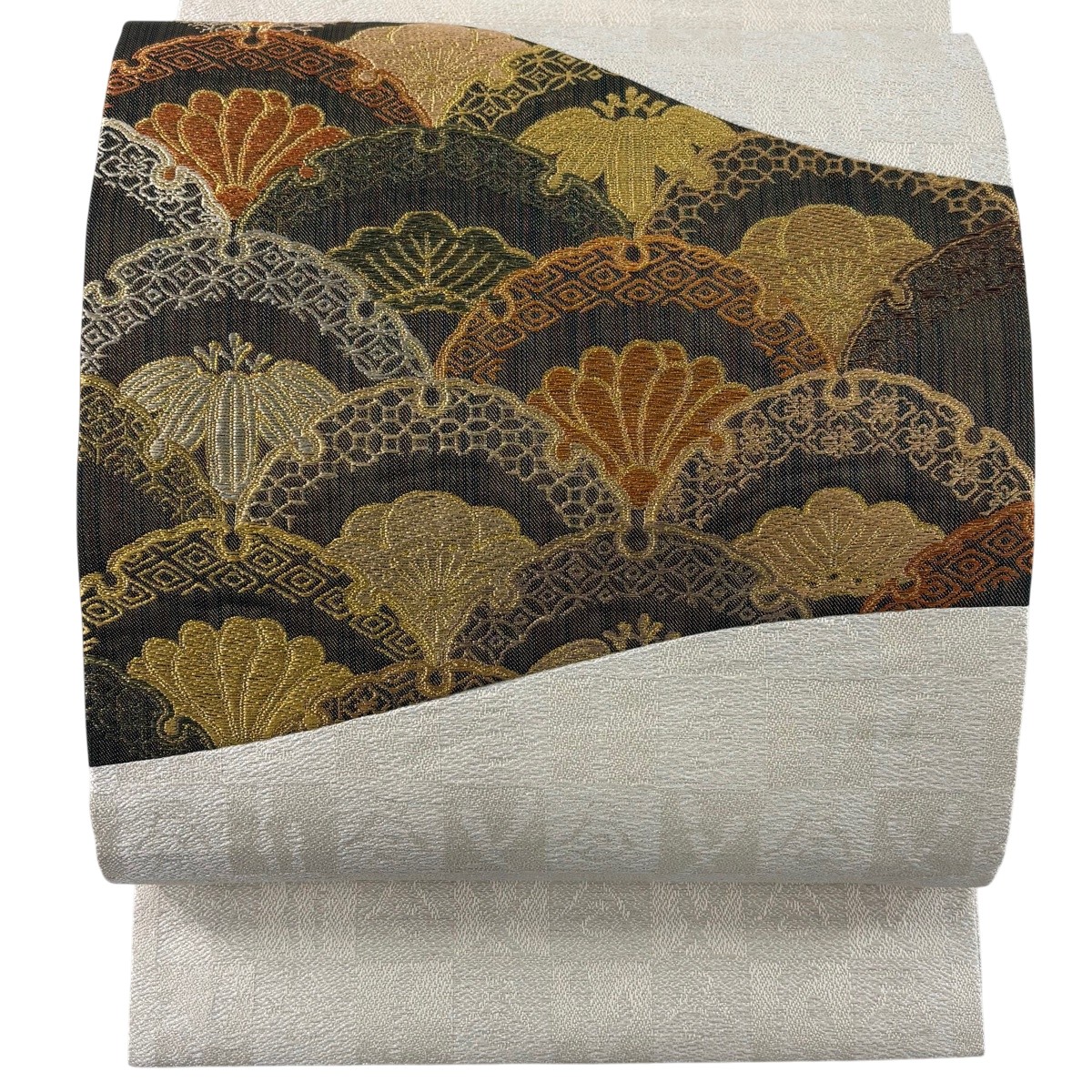 【美品】 開き名古屋帯 珠玉 雪輪青海波 松竹梅 金糸 銀通し 灰白 正絹 【中古】