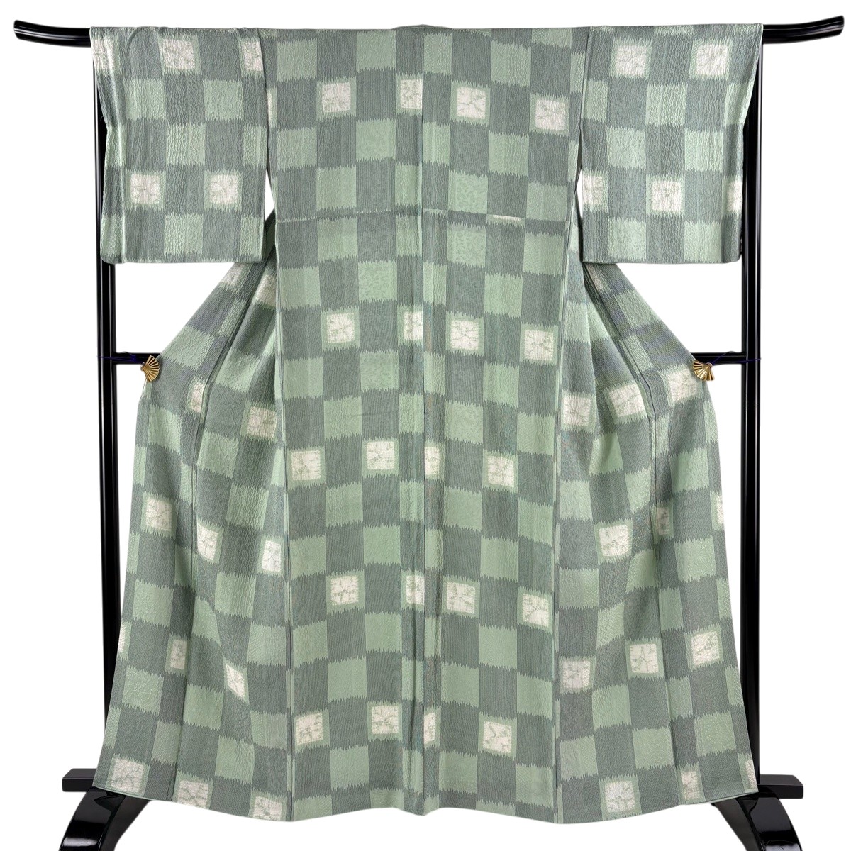 【美品】 小紋 身の丈161糎 裄丈66糎 M 袷 市松飾りつけ 地紋 絞り 薄緑 正絹 名篇 【中古】 msp50