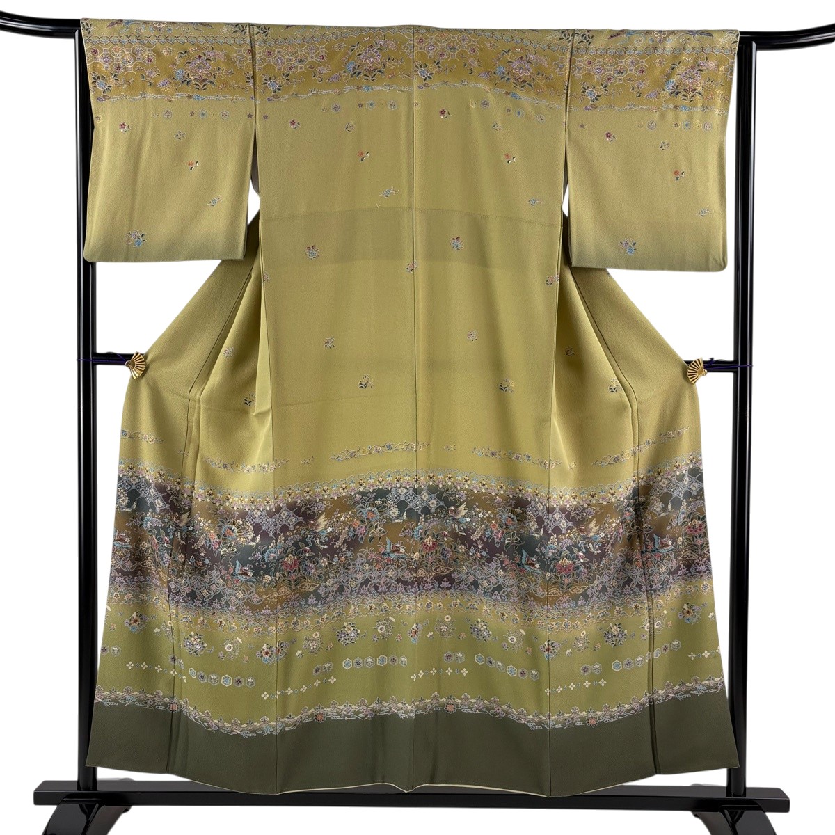【美品】 短い訪問着 身の丈154.5糎 裄丈64糎 M 袷 花鳥 七宝 金彩 ぼかし 鶯色 正絹 名篇 【中古】 msp50