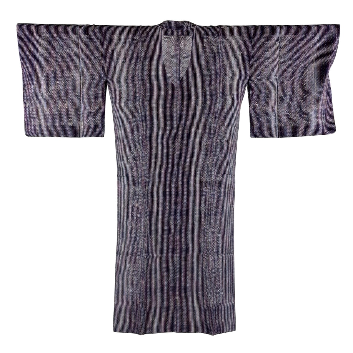 【美品】 道行 身の丈129.5糎 裄丈67糎 M 和装厚地の外套 千代田衿 縞 幾何学学 紫 正絹 名篇 【中古】 msp50