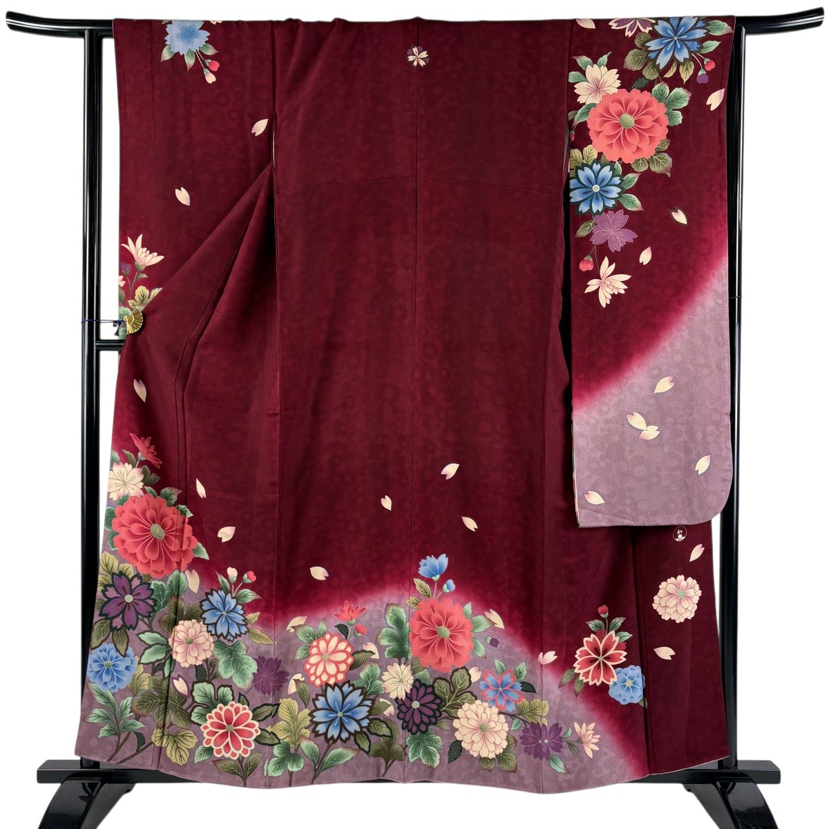 【美品】 振袖 身の丈157.5糎 裄丈64.5糎 M 袷 菊 桜 ぼかし 金彩 えんじ色 正絹 名篇 一個紋 【中古】 msp50