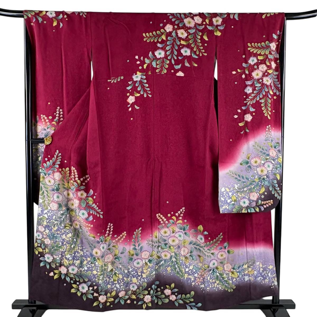 【美品】 振袖 身の丈157糎 裄丈67.5糎 L 袷 やまと 辻が花 現ナマ彩 ぼかし 赤紫 正絹 名篇 【中古】 msp50