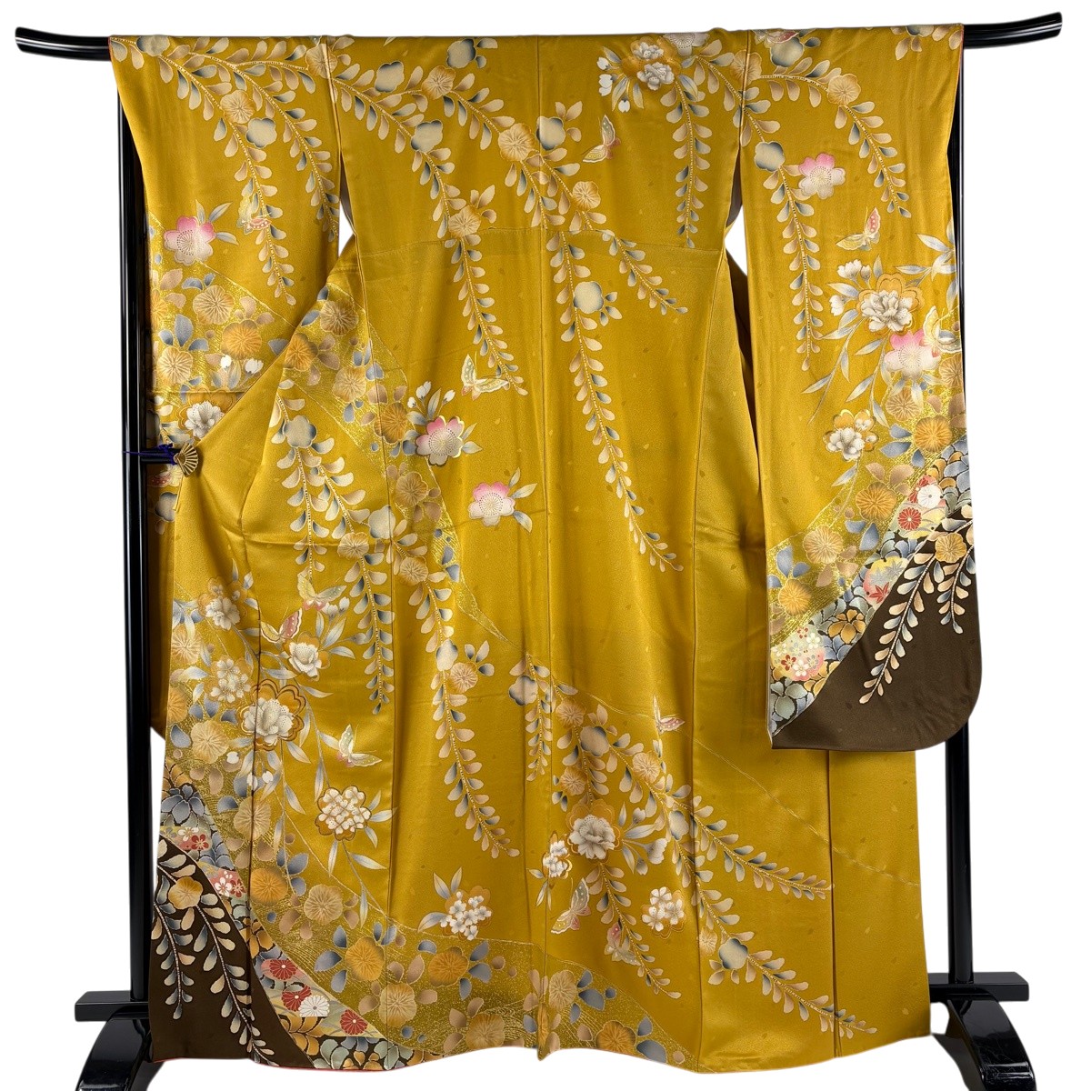 【美品】 振袖 身の丈167糎 裄丈65.5糎 M 袷 桜 蝶 金糸 金彩 イエローオーカー色 正絹 名篇 【中古】 msp50