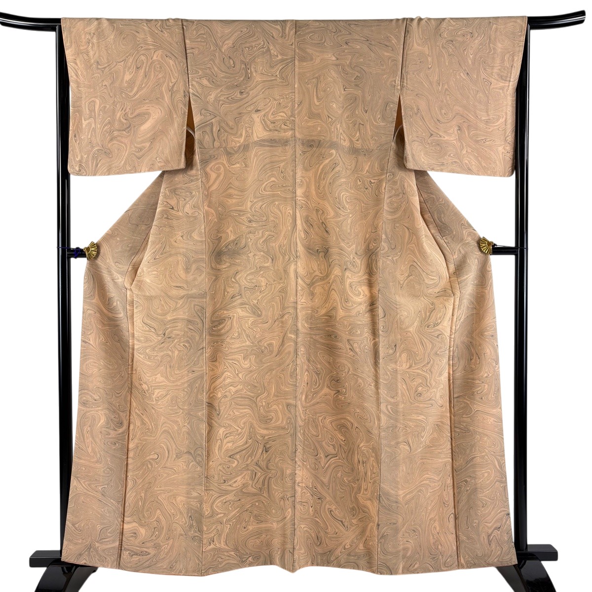 【美品】 小紋 身の丈161糎 裄丈64糎 M 袷 墨流し 薄オレンジ色 正絹 名篇 【中古】 msp50