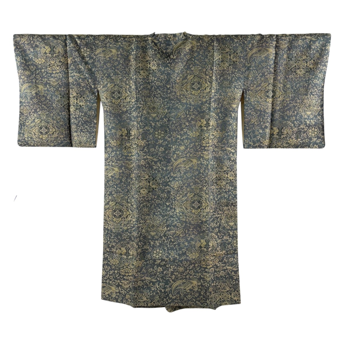 【美品】 道行 身たけ109.5糎 裄丈65.5糎 M 前田仁仙 和装厚地の外套 角衿 草木染 書き判あり 証紙あり 鳥 被子植物 緑 正絹 珠玉 【中古】 msp30