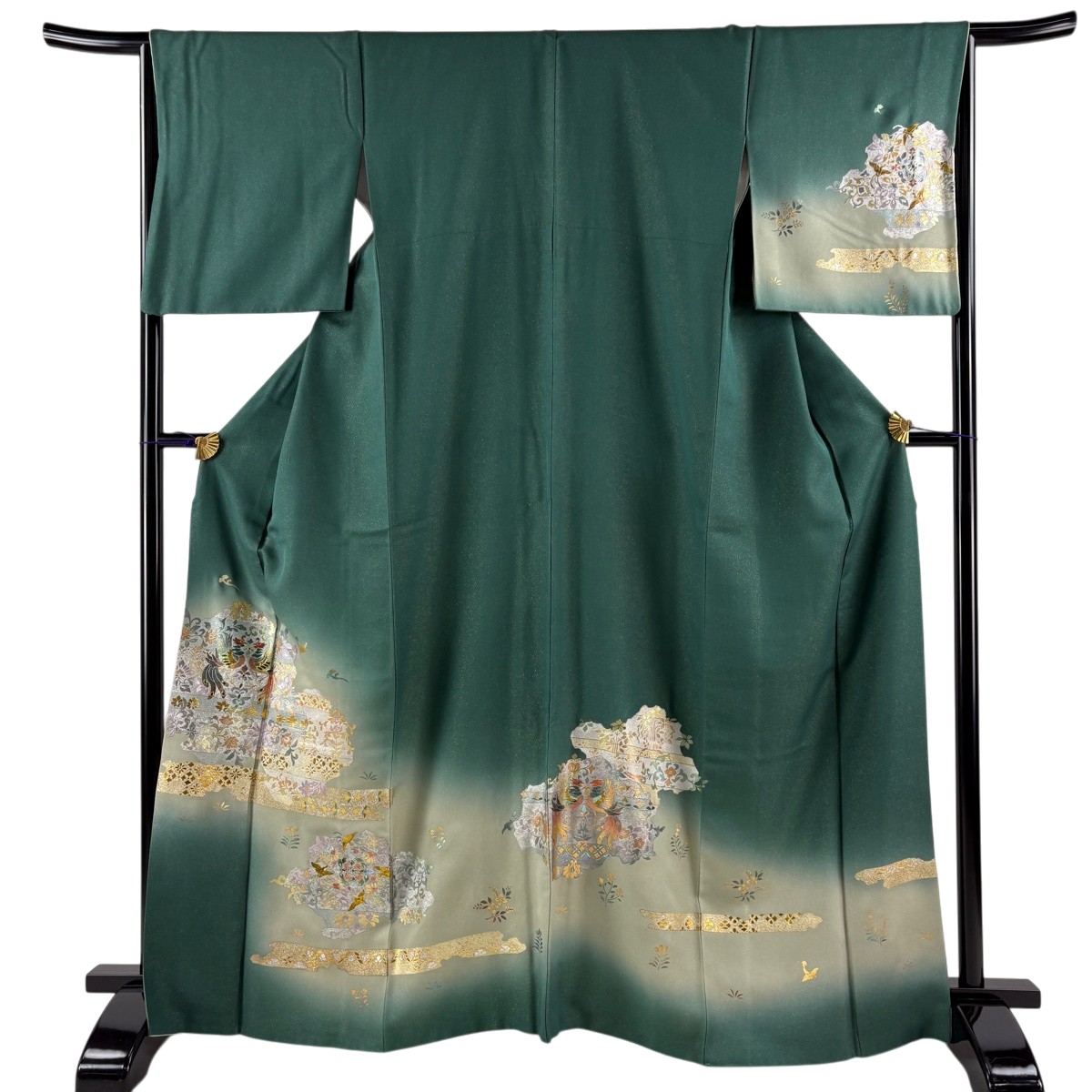 訪問着 身丈166cm 裄丈65cm M 袷 向かい鳥 草花 金通し 金銀彩 深緑 正絹 逸品 【中古】